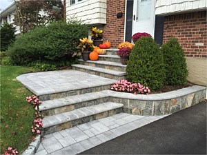 high ranch front steps new england real stone natural gray grey brick pavers bullnose step stoop porch long island nassau nicolock granite city